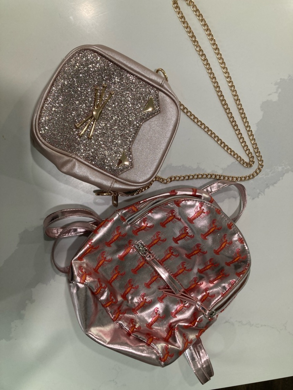 Rose Gold Glitter Crossbody and Metallic Pink Mini Backpack Set